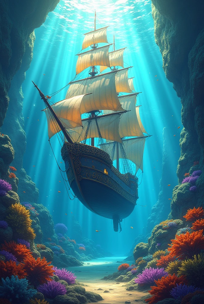 A vibrant, fantastical underwater scene featuring a large, intricately designed sailing ship floating majestically under the sea. The ship is surrounded by a magical environment filled with colorful coral reefs, luminous marine life, and swirling currents of water. The sunlight pierces through the surface, casting ethereal light beams onto the ship and sea creatures. The sails are decorated with ornate patterns, and the scene is filled with vivid colors like blue, orange, and yellow, creating a dreamlike, whimsical atmosphere."