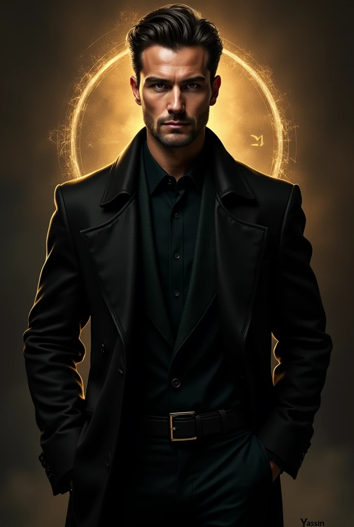 One man handsome man wearing a black coat. Color the background with black and gold. Write on that showcase SENARIOUNION 31 OGOS. Write his name Yassin 