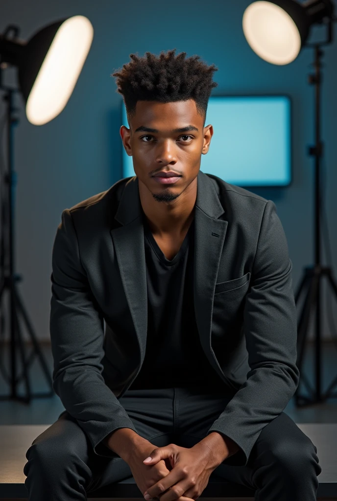 (photorealism:1.2), Belle jeune homme, métissé, assis seul sur un plateau d'émission regardant l'objectif ,