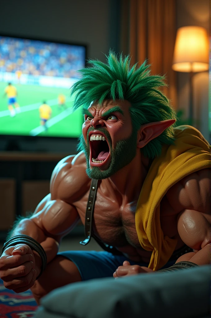 Blanka watching the Brazil game and cheering for the team(detail the tv does not appear)