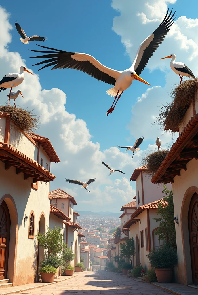 In the town of Chlef, storks build their nests on the roofs of houses and fly around with their young.