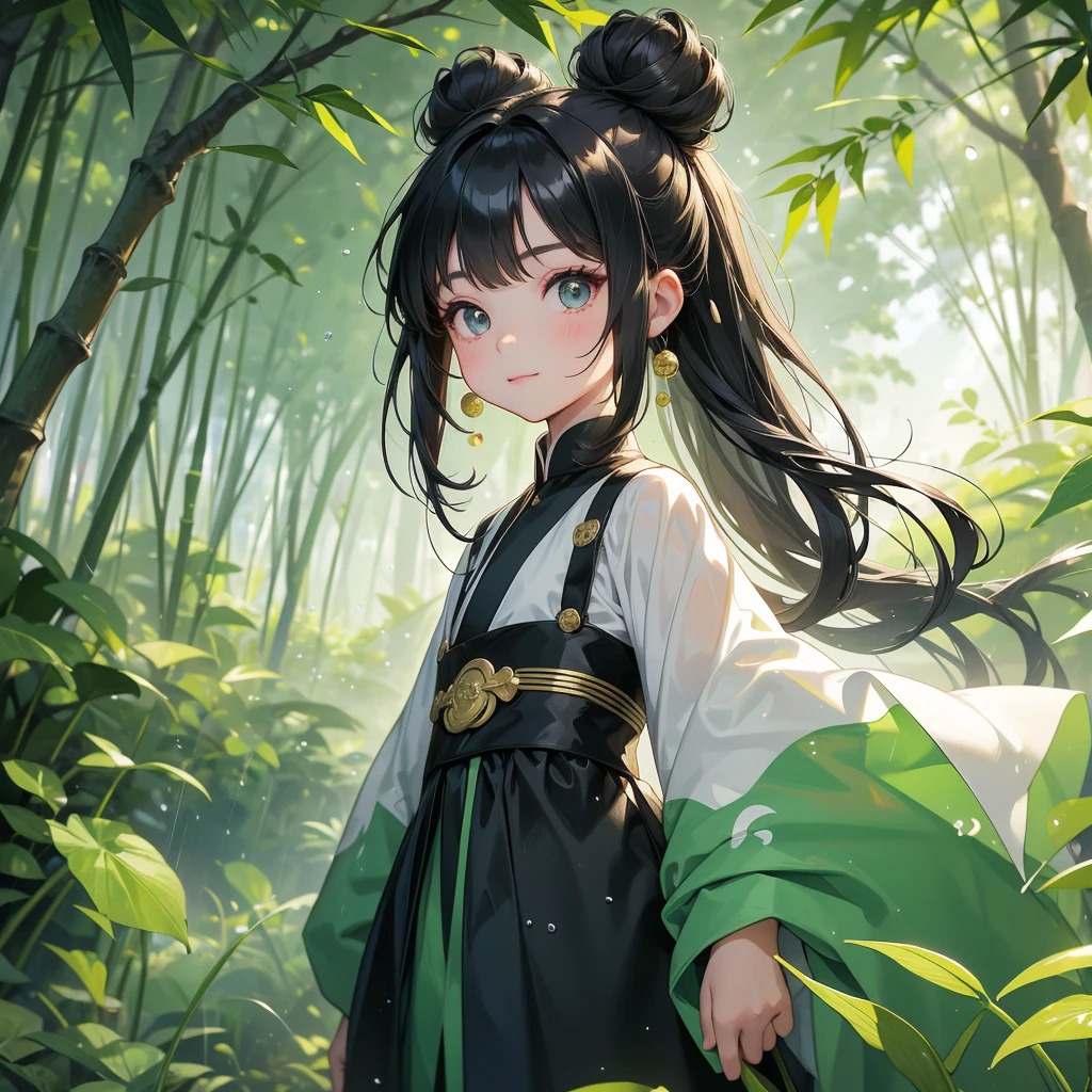 A chibi child girl had a small face and Wearing black-green little Taoist priest's outfit. A pair of big round eyes shone with curiosity about him. This child was so cute! ,her hair is black with two buns on her hair.small chibi, chibi baby, smiling,The little chibi baby looked up with his chest raised, and his face was old and proud.

The back is a lush green bamboo forest. The air after rain has water droplets splashing around.