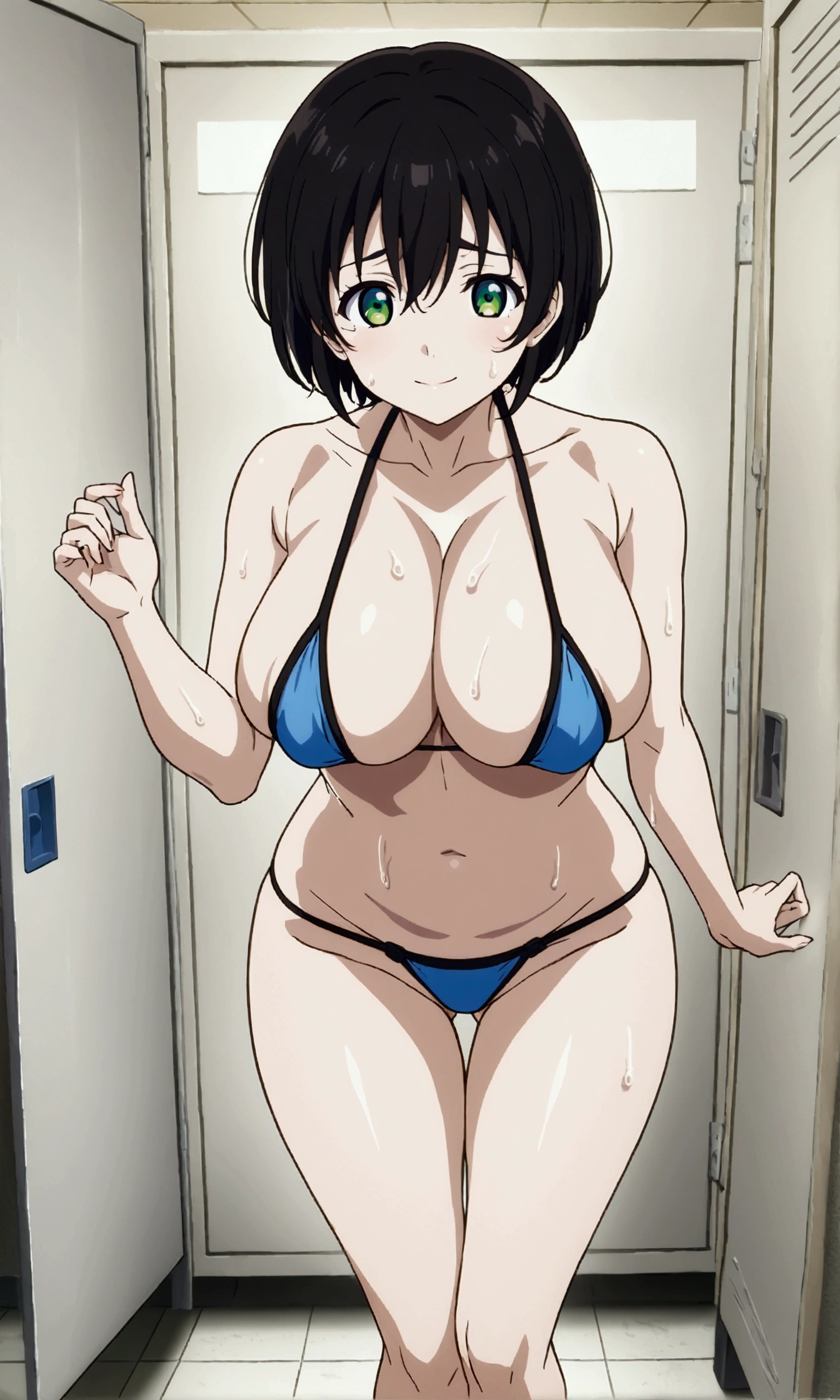 1girl,Blue micro bikini,Tired Smile,Jump,Big Breasts,whole body,standing,Sweaty,tall,Long legs,bob cut,short hair,straight hair,black hair,green eyes,locker room,finely detailed beautiful face,high quality,anime,beautiful,High resolution,anime color,{{{masterpiece}}},{{{{extremely detailed eyes}}}},{{{{extremely detailed body}}}},{{{{extremely detailed finger}}}}