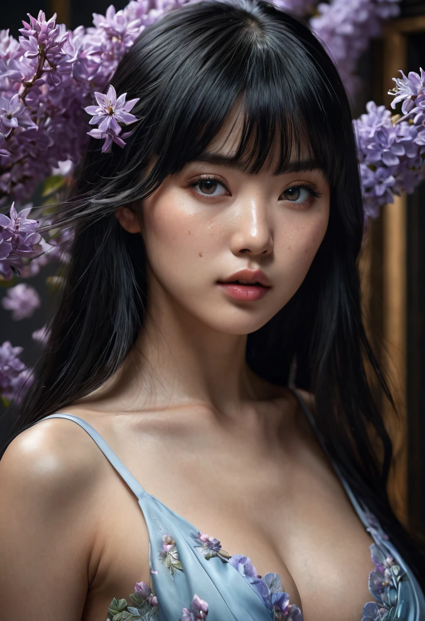 A woman, japanese, sensual, she is an adult, long black hair with bangs, (((a woman with black hair and bangs 1.7)))(((very beautiful))), perfect faces, she is surrounded by lilac flowers in her room, dark and cold palette, light blue dress, gray eyes, 8K, freckles on her face, beautiful breasts, extremely detailed, (high quality, realistic, photorealistic: 1.37), ideal proportions and defined skin, meticulously crafted features, inaccessible beauty, perfection, artistic art, vivid realism, hyper-detailed sculpture, realistic shapes, truly inspiring, impeccable craftsmanship, pure brilliance, ethereal beauty, delicate contours, striking poses, sublime beauty, subtle nuances, dynamic compositions, vibrant colors, perfect lighting, moving expressions, heavenly aura, majestic presence, dreamlike atmosphere, unmatched high level of detail, high octane rendering on artstation, 8k art photography, art conceptual photorealistic, cinematic volumetric soft natural light, chiaroscuro, award-winning photography, fine art, oil on canvas, beautiful, detailed, intricate, insane