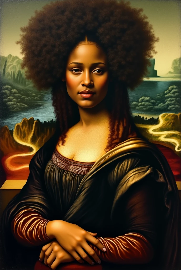 Painting of an Afro-descendant woman inspired by the Mona Lisa in Renaissance style