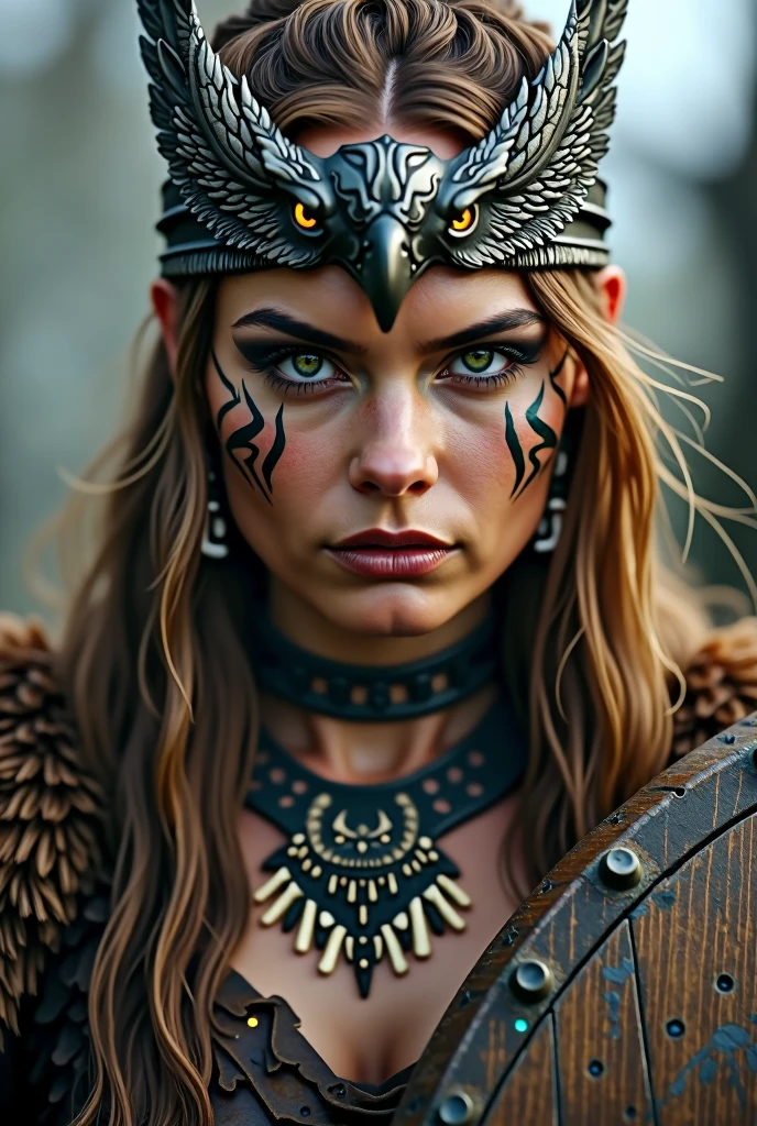Close up face of beautiful viking queen, wooden shield in hand, eagle crown , tribal design on the eyes, Angry, bone ornaments on the neck, leather armor, focused