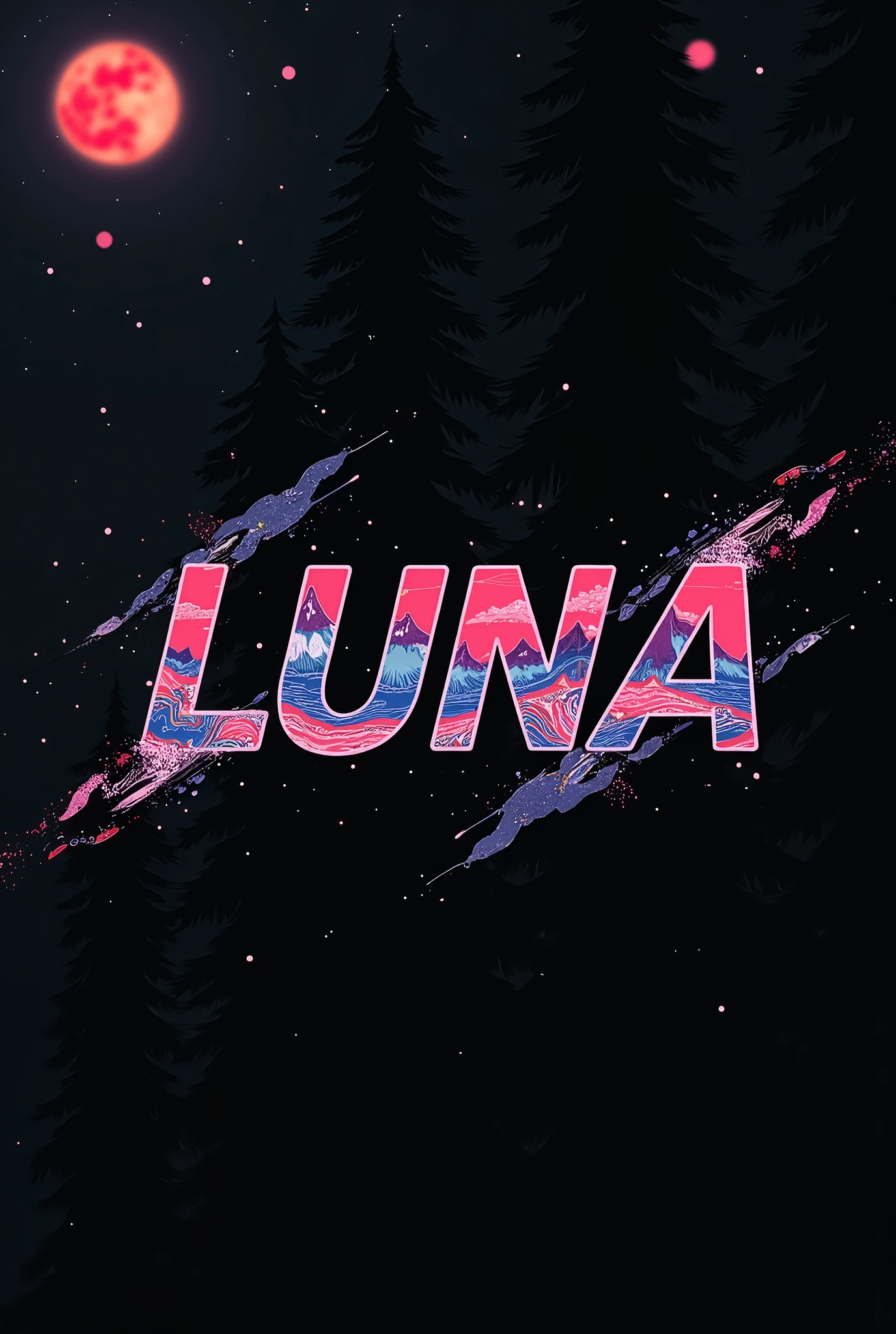 High resolution, logo spelling swiftly “Luna” cool, Jdm theme, anime theme, Cyberpunk vibe name spelling, brand logo, logo for tshirt, brand logo “LUNA”, neon vibes, acid trip vibes, acid trip, shooting stars, acid trip inside “LUNA”, acid trip, hallucinations inside “LUNA”, Waves of hallucinations, splash, waves of futuristic hallucinations, futuristic wave, stars in the background, red strange moon, waves of water and lone black trees,