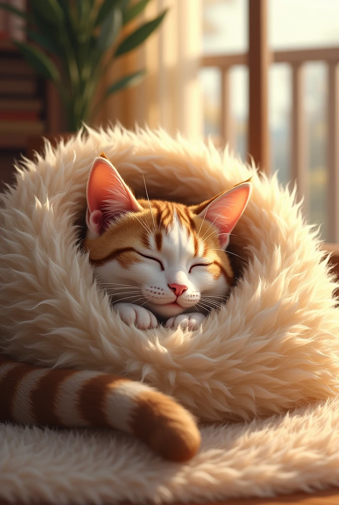 Absurd, High resolution, Super detailed, beautiful, masterpiece, Highest quality、reflection、Realな質感、Realistic、Real、Realistic、Blur、Cat、Wrap yourself in a futon、Sparkling Eyes、Home、Fluffy feather carpet、Veranda、Sunlight leaking through the window、Are sleeping、