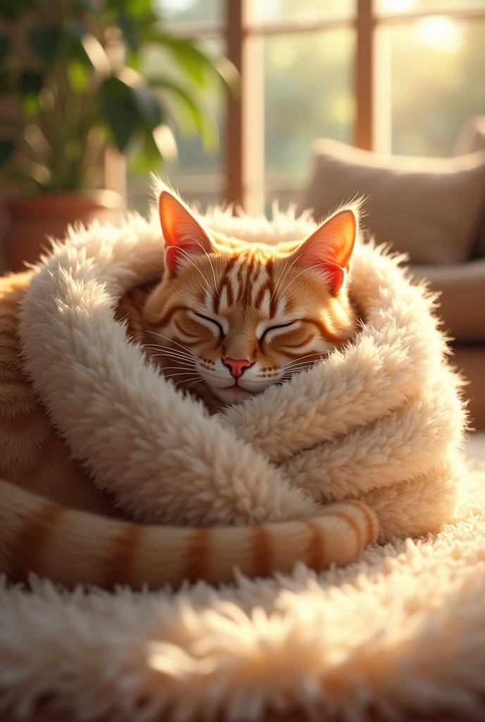 Absurd, High resolution, Super detailed, beautiful, masterpiece, Highest quality、reflection、Realな質感、Realistic、Real、Realistic、Blur、Cat、Wrap yourself in a futon、Sparkling Eyes、Home、Fluffy feather carpet、Veranda、Sunlight leaking through the window、Are sleeping、