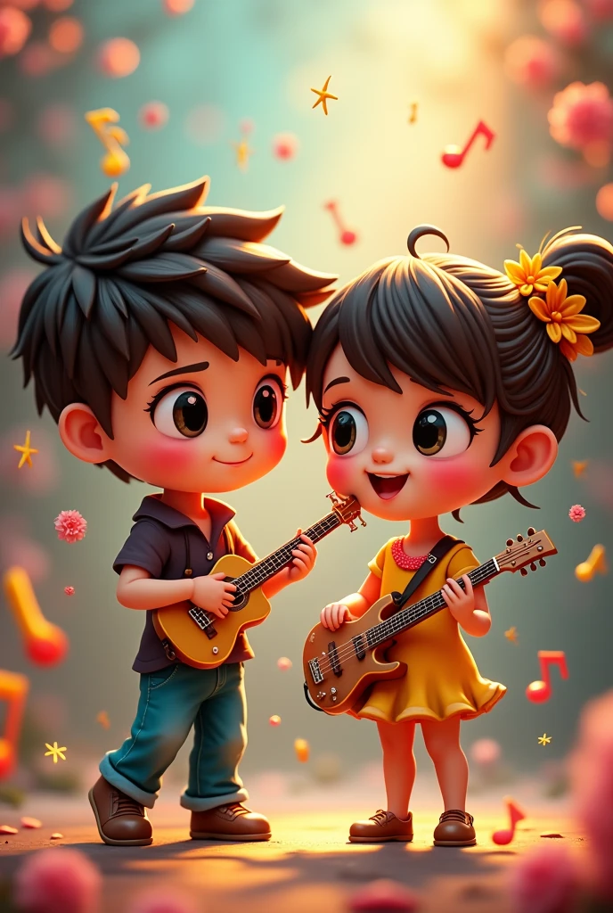 cute chibi Tom and Jerry playing jazz, 1boy,1girl, adorable, charming, playful, detailed facial features, expressive eyes, cute expressions, vibrant colors, dynamic poses, lively movement, intricate details, jazz instruments, musical notes, colorful background, cartoon style, whimsical, masterpiece, high quality, photorealistic, 8k