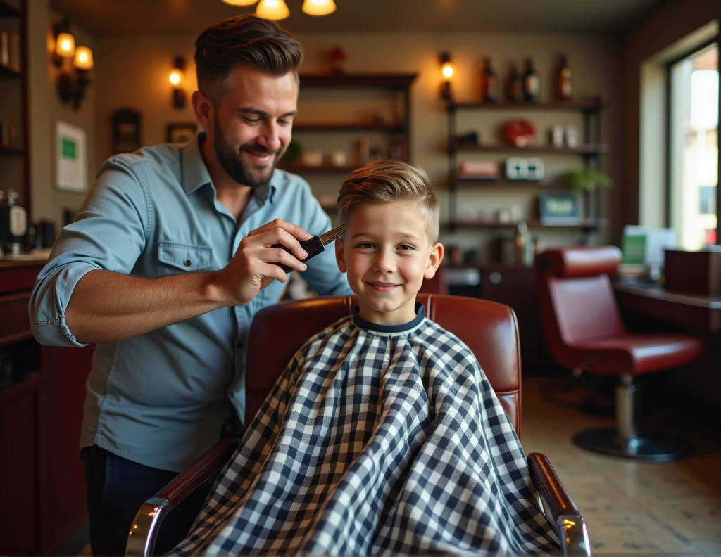 help me create Family Plan - Weekly Haircut as an advertisement father and son cutting hair at the barber shop 