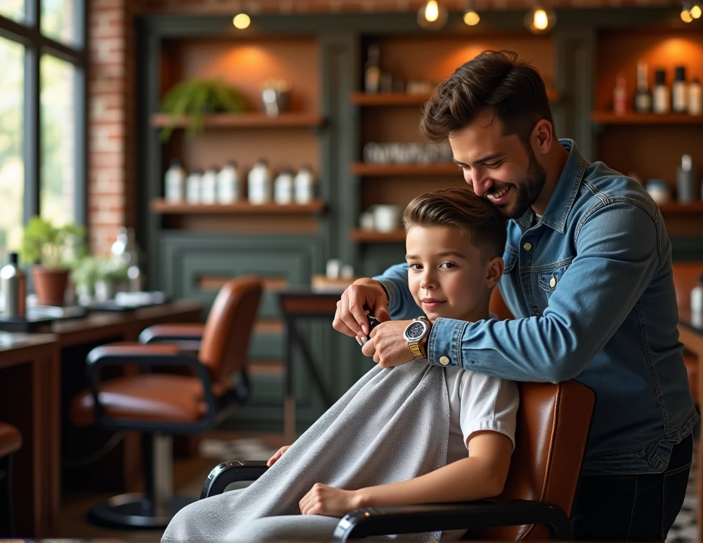 help me create Family Plan - Weekly Haircut as an advertisement father and son cutting hair at the barber shop