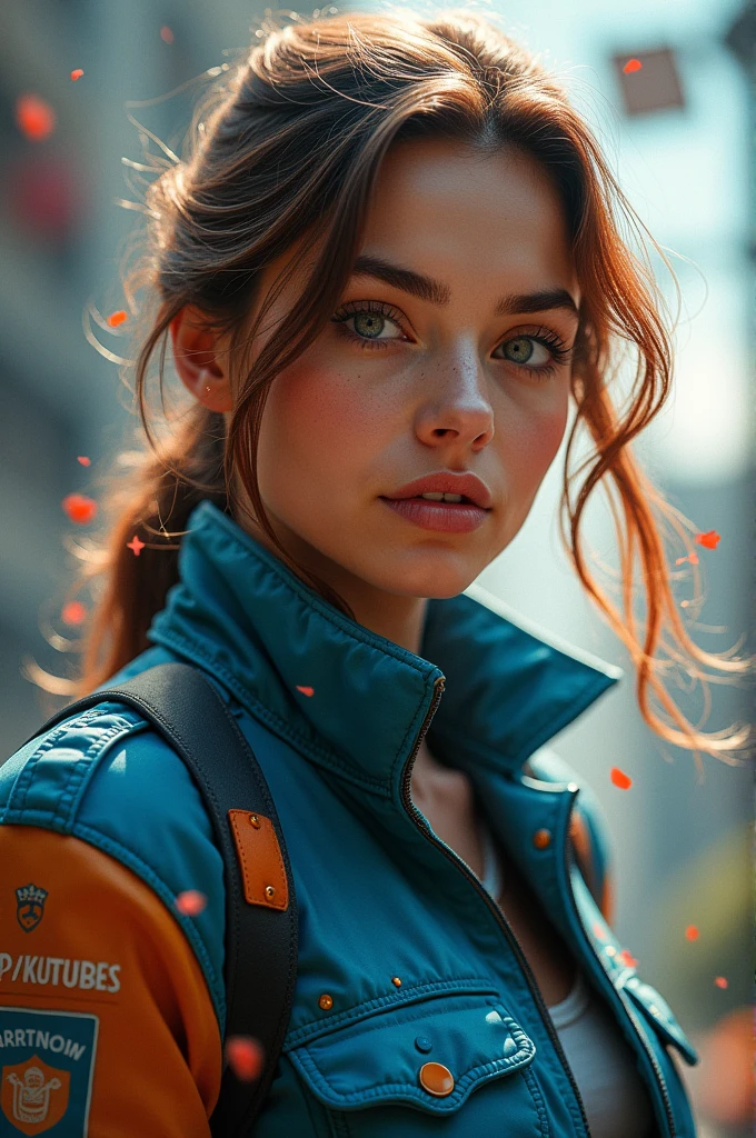 lucy pinder, portrait, face portrait, smiling, brown hair, ponytail, winter jacket, turquoise jacket, turquoise pants, red lips, voluptuous.