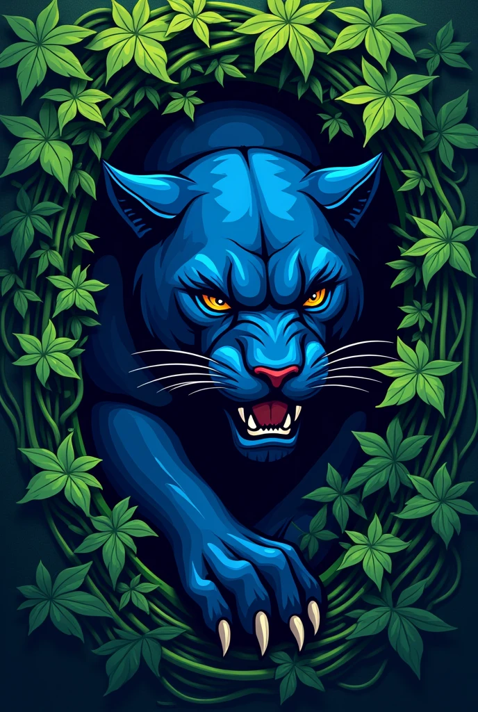 make a sports logo that look like a blue panther is hiding behind ivys, like cover the panther with ivys 
