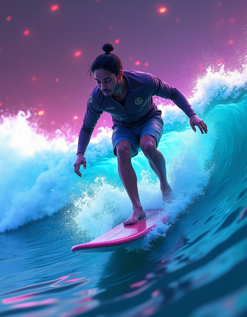 A futuristic surfer of Hispanic descent in a virtual metaverse, designed with neon cyberpunk aesthetics, glowing with vibrant and energetic colors. He is skillfully riding a wave of digital data, capturing the essence of surfing in the world of simulations. The whole scene is fuelled by the futuristic perception of a sci-fi imagination. The style is reminiscent of dynamic brushstrokes typically seen in digital painting.