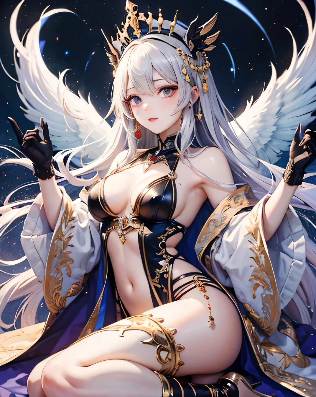 Masterpiece, Highest quality, Ultra-high resolution, Detailed, Beautiful female emperor, Clear skin, Beautiful appearance, There is deep wisdom in her eyes, It's as if she sees through the whole world, Beautiful Face, Beautiful Eyes, Wearing a luxurious white robe, Holding a long sword, Robes fluttering in the wind and silver hair blowing in the wind, The white robe perfectly complements her elegant figure., The attitude is calm and idyllic, Like a perfect fairy