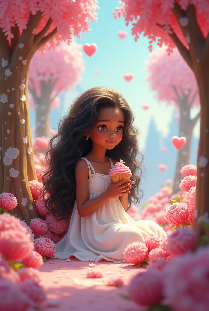 between 10 years , light brown skin, long dark curly hair , withe dress ,with a cupcake in hand , sitting in the sweet world .