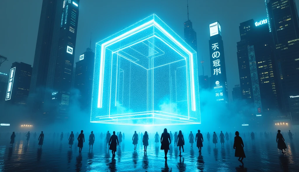 sky view to the city, a group of sci-fi hiphop dancer are floating above of a giant cube hologram logo with the words "URBOX" in the wide growded street, The hologram logo explodes and emits an all-encompassing blue light between cyberpunk buildings. Lighting: Dark colors, faint blue lights from billboards. Effects: LED strips on the device gradually glow. Special: The scene evokes a sense of suspense and anticipation.