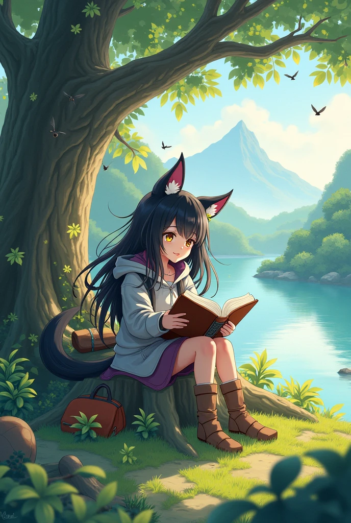 masterpiece, best quality,, 1 Girl, sit, animal, animal ears, bird, Black_hair, Book, Bookmark, Branches, Gloves, Grass, green hair, Keep, Keep Book, hood, hood down, leaf, Looking at the audience, multicolored hair, oPen_Book, partially fingerless Gloves, Pen, plant, pouch, 鹅毛Pen, read, sit, Smile, Solitary, Tail, Tree, Tree stump,, Sky, sun, Mountain, forest, lake