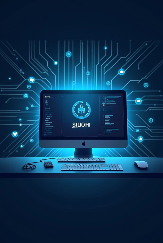 logo for technical support, with net background, image for linkedin a computer in the middle of the image