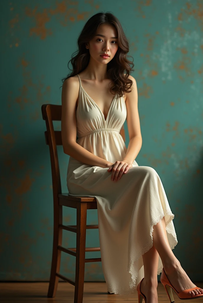 A beautiful young woman in her 20s, sitting on a wooden chair, wearing a summer dress, 1980s aesthetic, vintage vibe, high heels, front view, detailed facial features, intricate clothing folds, cool lighting, cinematic composition, photorealistic, highly detailed, dramatic shadows, vibrant colors, soft focus, film grain, elegant pose, faded photo