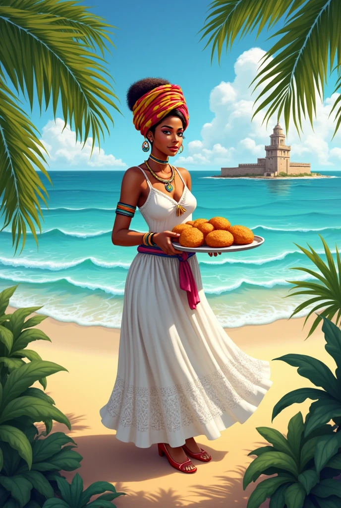 manage a Traditional Baiana: She would be wearing a white lace dress, with a turban and traditional jewelry, like necklaces and bracelets. She would be holding a tray with acarajés ready to sell..Ao fundo: The beach would be in the background, with its clear and calm waters, typical of the region. Could include the Santa Maria Fort, which is an iconic landmark of the area, in addition to some coconut trees that are part of the tropical scenery.swirly vibrant colors: Use a color palette that captures the warmth and energy of Bahia, with shades of blue for the sea, golden to the sand, and bright colors for the Baiana and the surrounding details.