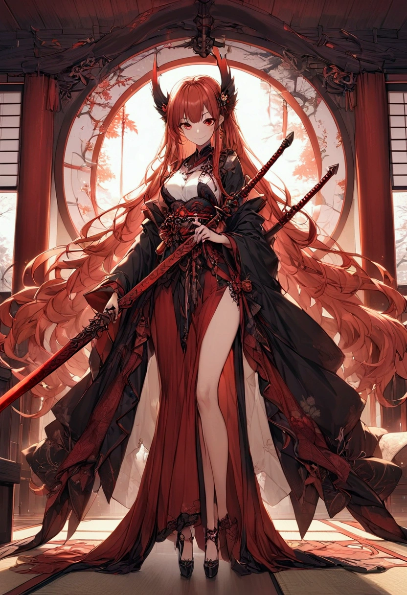 1Girl,long legs, sly smile,dark Gothic appearance, red eyes, very long flowing hair with adorned gothic theme accessories, elaborate outfit with mix white armor and fabric, intricate patterns, dominance glowing red accents around the swords, holding a sickle sword with intricate detail around the edge, traditional Japanese room with open sliding door showing Autumn dead leaves around, dynamic, dramatic, elegant character, looking at viewer, full body shoot