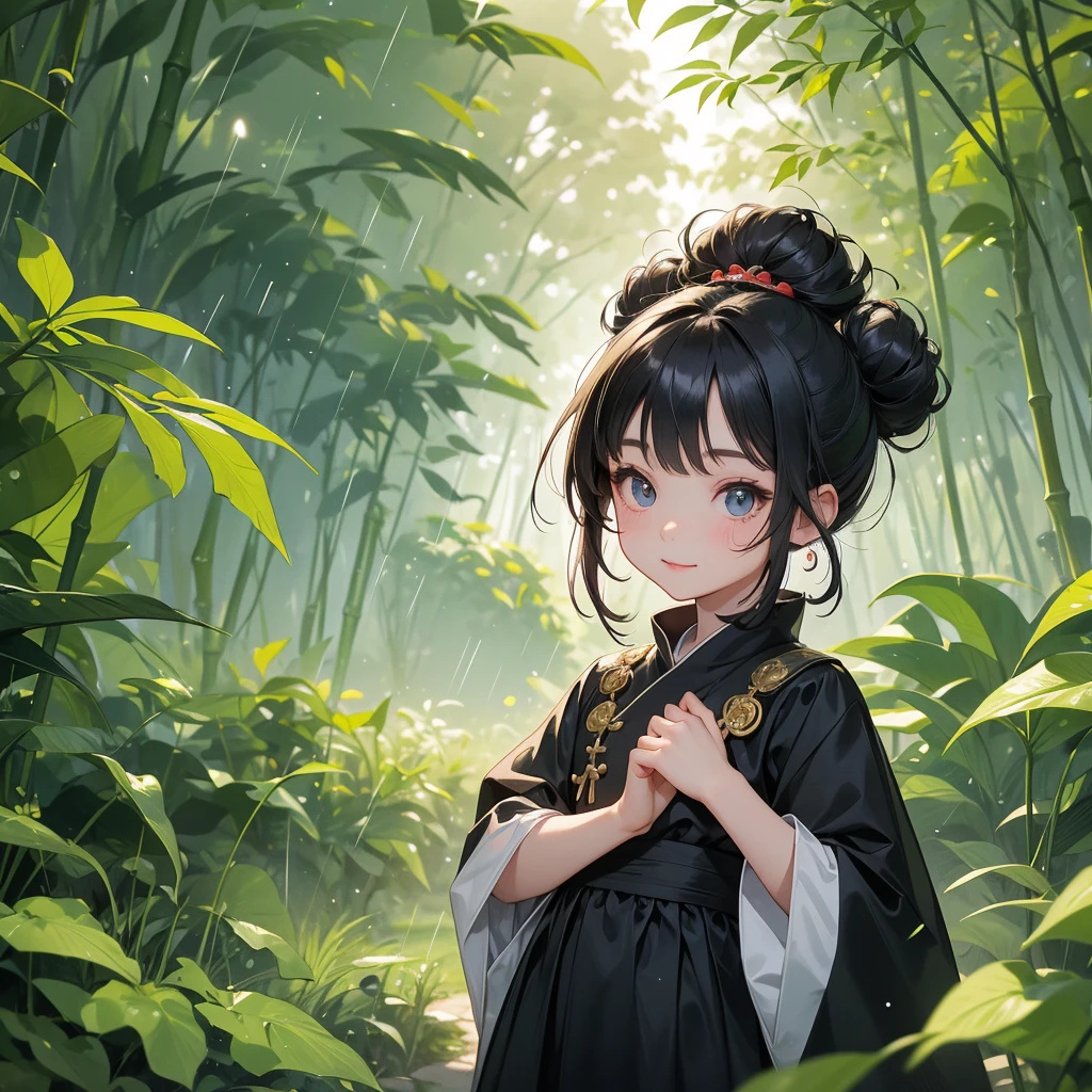 A chibi  girl had a small face and Wearing black-green little Taoist priest's outfit. A pair of big round eyes shone with curiosity about him. This childso cute! ,her hair is black with two buns on her hair.small chibi, chibi baby, smilThe little chibi boked up with chest raised, and his face was old and proud.

The back is a lush green bamboo forest. The air after rain has water droplets splashing around.