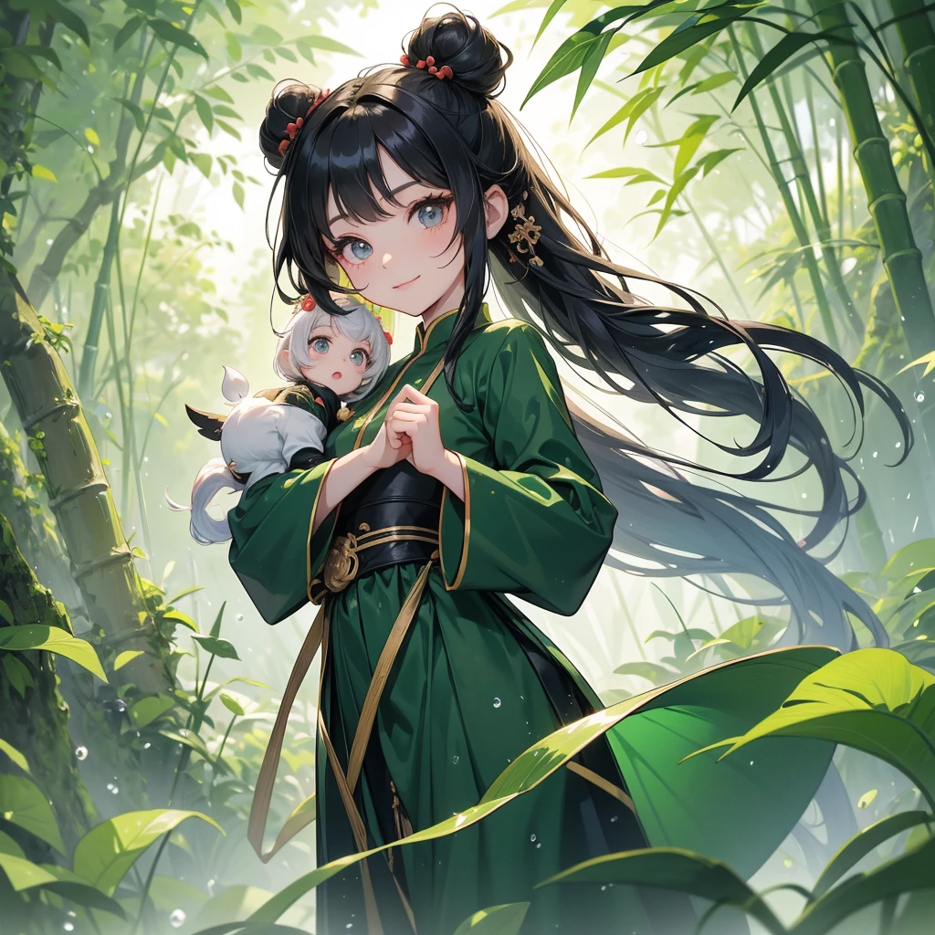 A chibi girl had a small face and Wearing black-green little Taoist priest's outfit. A pair of big round eyes shone with curiosity about him. This childso cute! ,her hair is black with two buns on her hair.small chibi, chibi baby, smilThe little chibi boked up with chest raised, and his face was old and proud.
The back is a lush green bamboo forest. The air after rain has water droplets splashing around.