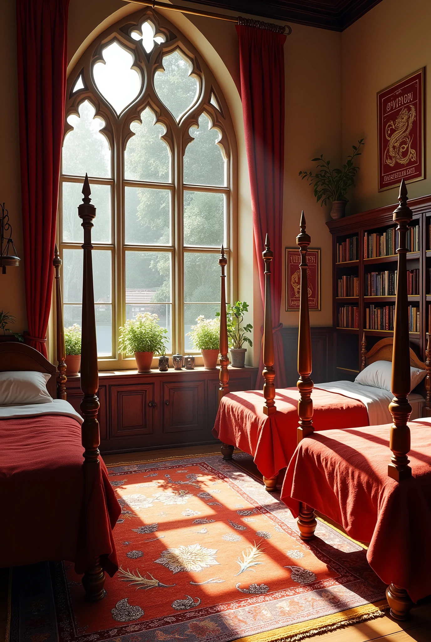 Harry Potter Gryffindor dormitory room is very spacious, has many windows, and lets in a lot of sunlight.