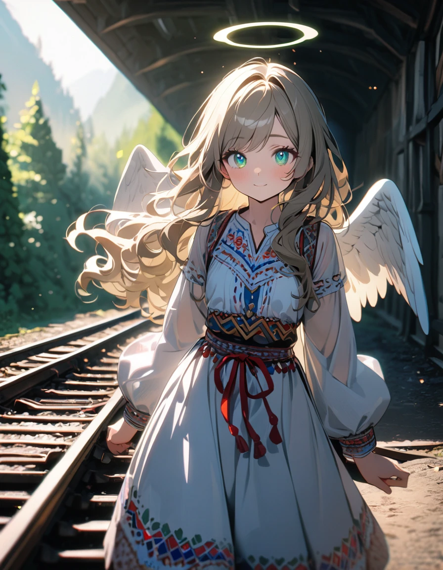 (8K, best quality, master piece: 1.2),ultra-high resolution,1 cute girl,solo,16yo,ultra-detailed face,detailed eyes,cyan eyes,gradient eyes,mascara,Long hair,khaki hair,wavy hair,halo,swept bangs,sheer sleeves,Moldova folk costume with angel wings on back,looking at viewer,rim light,Skipping on the railroad tracks,happy,The arched green tunnel made by the famous trees of Ukraine
