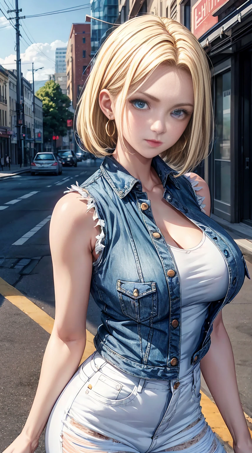 highest quality, High resolution, Artificial Man No. 18, 1 girl, android 18, alone, blonde hair, blue eyes, The hairstyle is one-length, laughter,earrings, jewelry, denim dress, open vest, white t-shirt,distressed jeans,big breasts, sexy pose,street, (external expansion chest: 1.2),