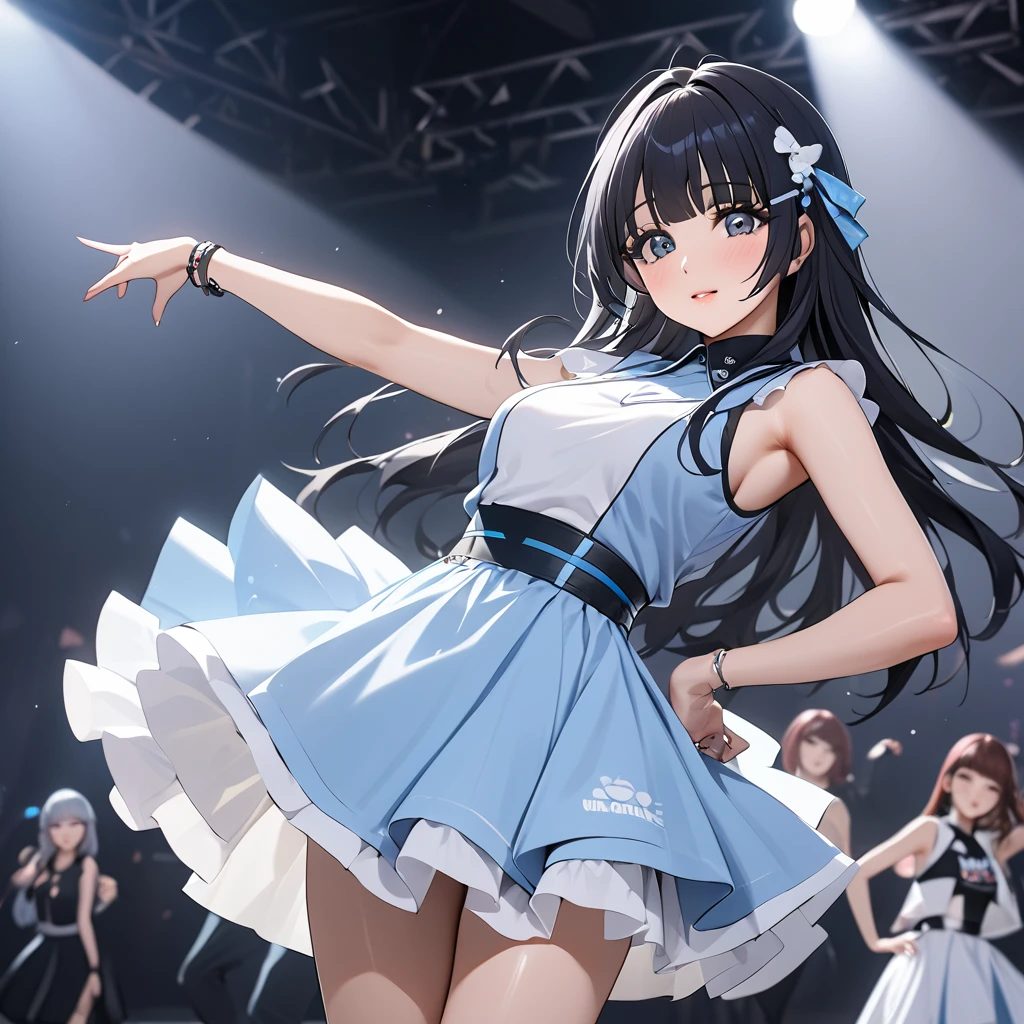 ((Highest quality)), ((masterpiece)), (detailed), (Perfect Face)、The woman is Aoki Reika, has medium-long hair and is a member of a Korean K-POP girl group.、The woman is wearing a cool costume from a Korean K-POP girl group and dancing a K-POP dance with grace and coolness.