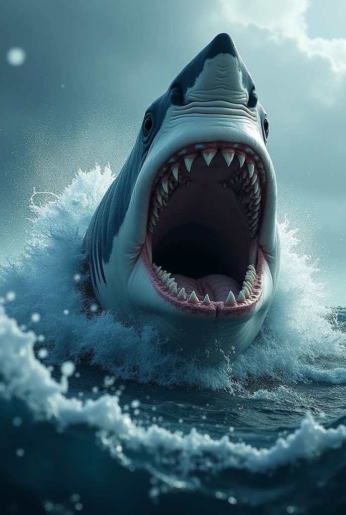 A great white shark with its jaws wide open, showing his sharp teeth, jumping out of the dark blue water with its rear fins protruding above the surface.