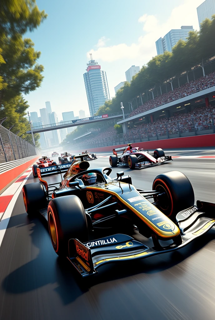 Black and Gold Formula One livery with "Scintilia F1 team" name in it while Racing Against Multiple Formula one car