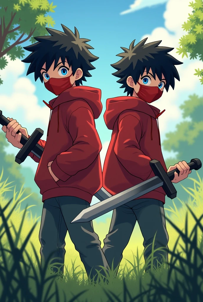 Hair : Black
Eyes: blue
Oufit: Red jacket or hoodie
Pose: holding Minecraft sword
Animated 2 boy with face mask and in one frame looking right now side pose
Background: nature