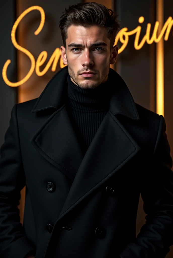 One man handsome man wearing a black coat. Color the background with black and gold. Write on that showcase SENARIOUNION 31 OGOS. 