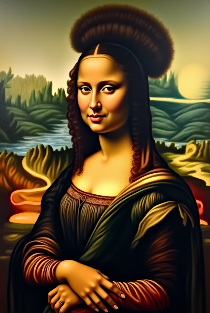 Painting of an Afro-descendant woman with a scene from the work Mona Lisa in Renaissance style
