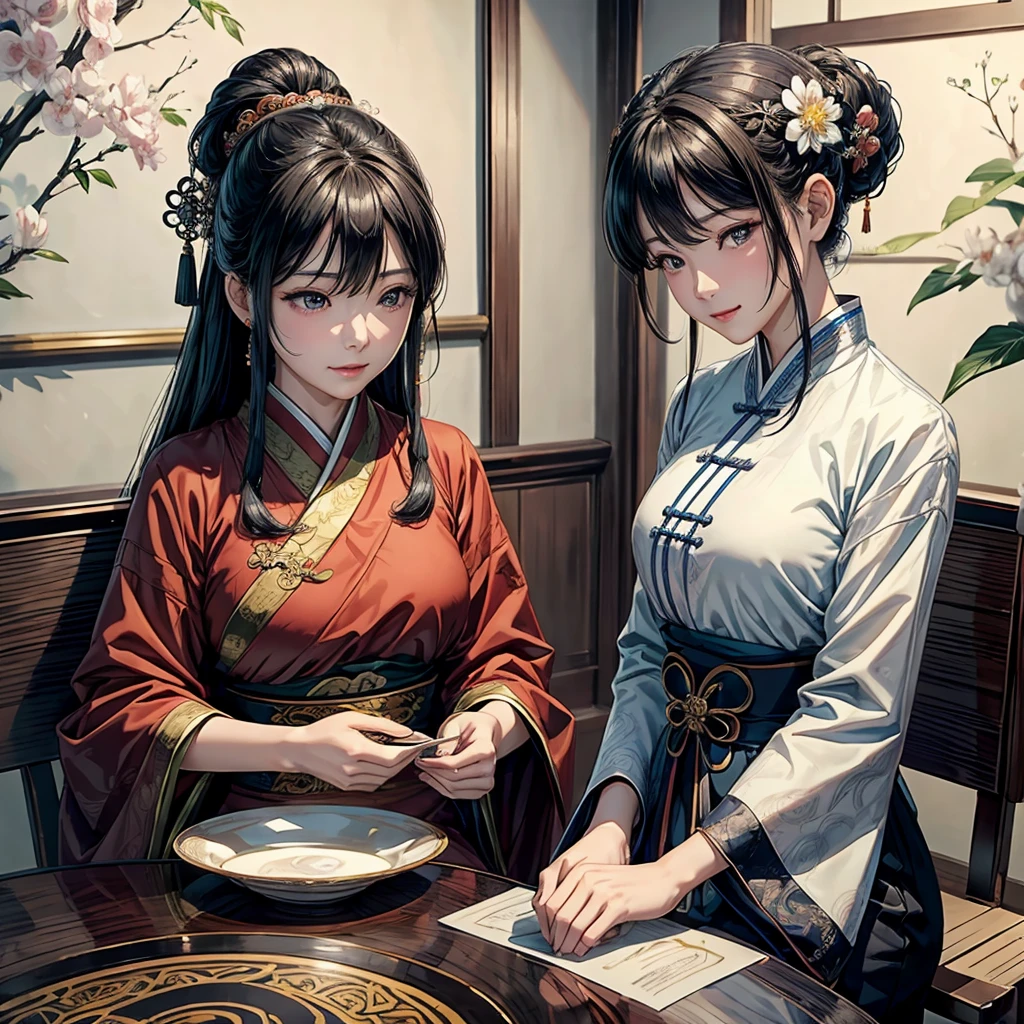 {{masterpiece, best quality, extremely detailed CG, unity 8k wallpaper, cinematic lighting}}, traditional Chinese ink painting, 
traditional Chinese ink painting, 2 girls, 1boy, 2 women and a 1 boy sitting on a bench, aunt mother and son, with child, innocent boy, smiling mother and aunt, happy family,