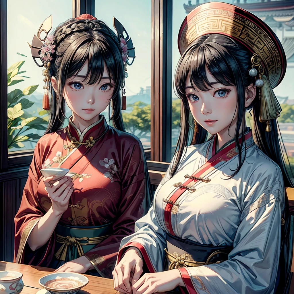 masterpiece、Highest quality、High resolution、8k、Ray Tracing、Detailed people、Detailed Yin、Two Women、Black Hair、Han traditional costume、Beautifully detailed clothing patterns、Beautiful Face、god々Smile、Sit at a table、((All seats in Manchuria))、(Very beautiful mother-of-pearl work、Beautifully detailed porcelain)、 Scroll、Traditional Chinese Room、god秘的な昼間の景色、