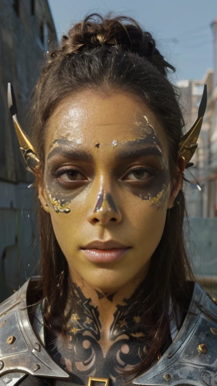 a young woman with a greenish skin on her face and neck. Black face tattoo and gold eyes, wearing metal armor.