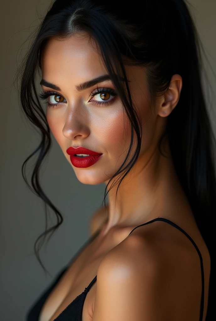 close-up, extreme close-up, close-up portrait, portrait, ultra realistic, photography, long black straight hair in a ponytail, elegant hair, (30 years old, hazel eyes, hourglass figure, perfect fit body, natural big breasts), firtatious look, crimson red lipstick, femme fatale, long eyelashes, cat-eye make-up,