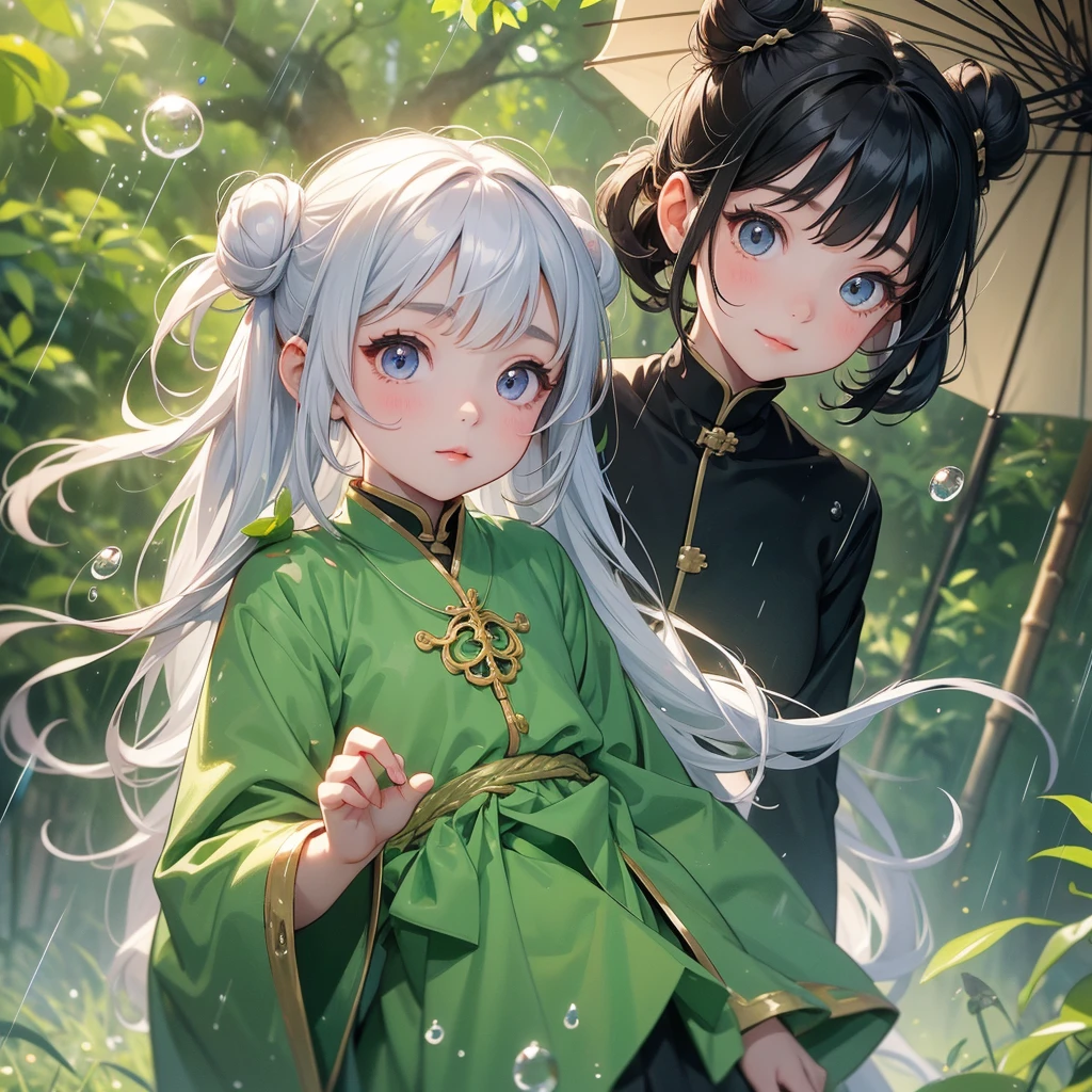 A chibi child girl had a small face and Wearing white little Taoist priest's outfit. A pair of big round eyes shone with curiosity about him. This child was so cute! ,her hair is black with two buns on her hair.small chibi, chibi baby, smiling,The little chibi baby looked up with his chest raised, and his face was old and proud.
The back is a lush green bamboo forest. The air after rain has water droplets splashing around.
Stand holding an umbrella to protect from the rain. Rain fell and splashed around. There are water droplets falling on the leaves in the surrounding area, green and moist, the atmosphere after rain.