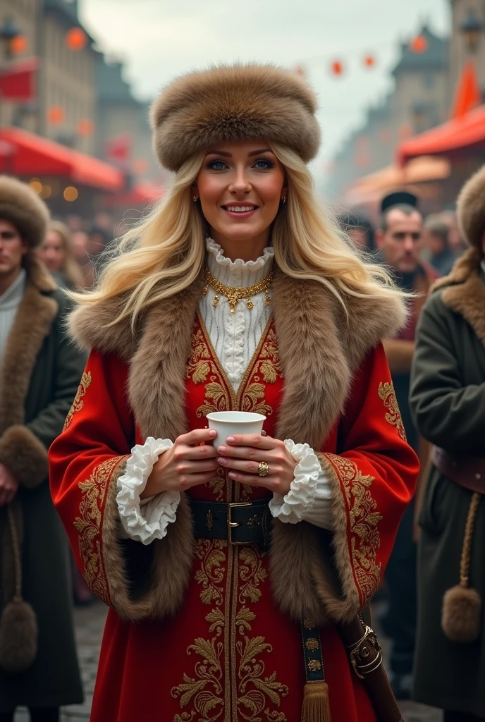 Blonde woman age 40+,drinks coffee,passionate about trading,dressed as a Cossack Donksoy,leads the wedding as a toastmaster