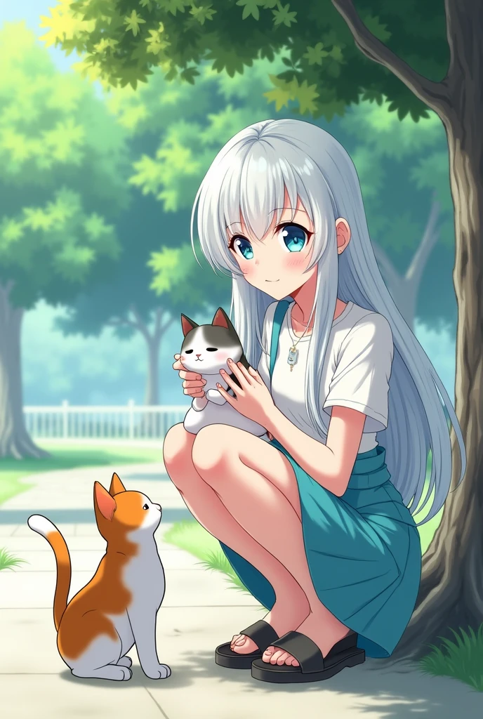 An long half ponytail white-haired, ice-blue-eyed, pale-skinned anime ladies in a casual white-cyan dress is squatting down While smile sweetly looking and lifting up high the cat, the cat is a mix of white, orange and gray. In the park, under a shady tree, Beside the garden Wall fence.