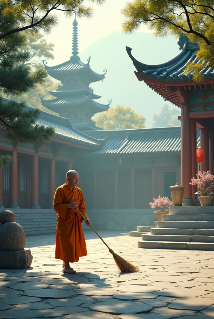 Monk swiping temple Courtyard 
