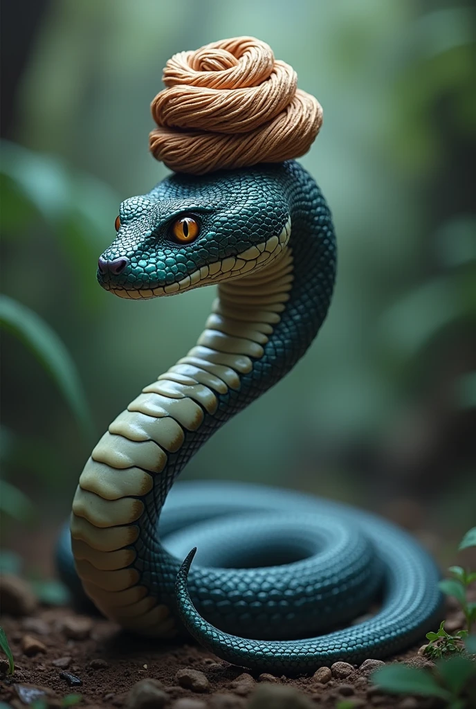 Create a picture of a viper, who has a bun on her back
