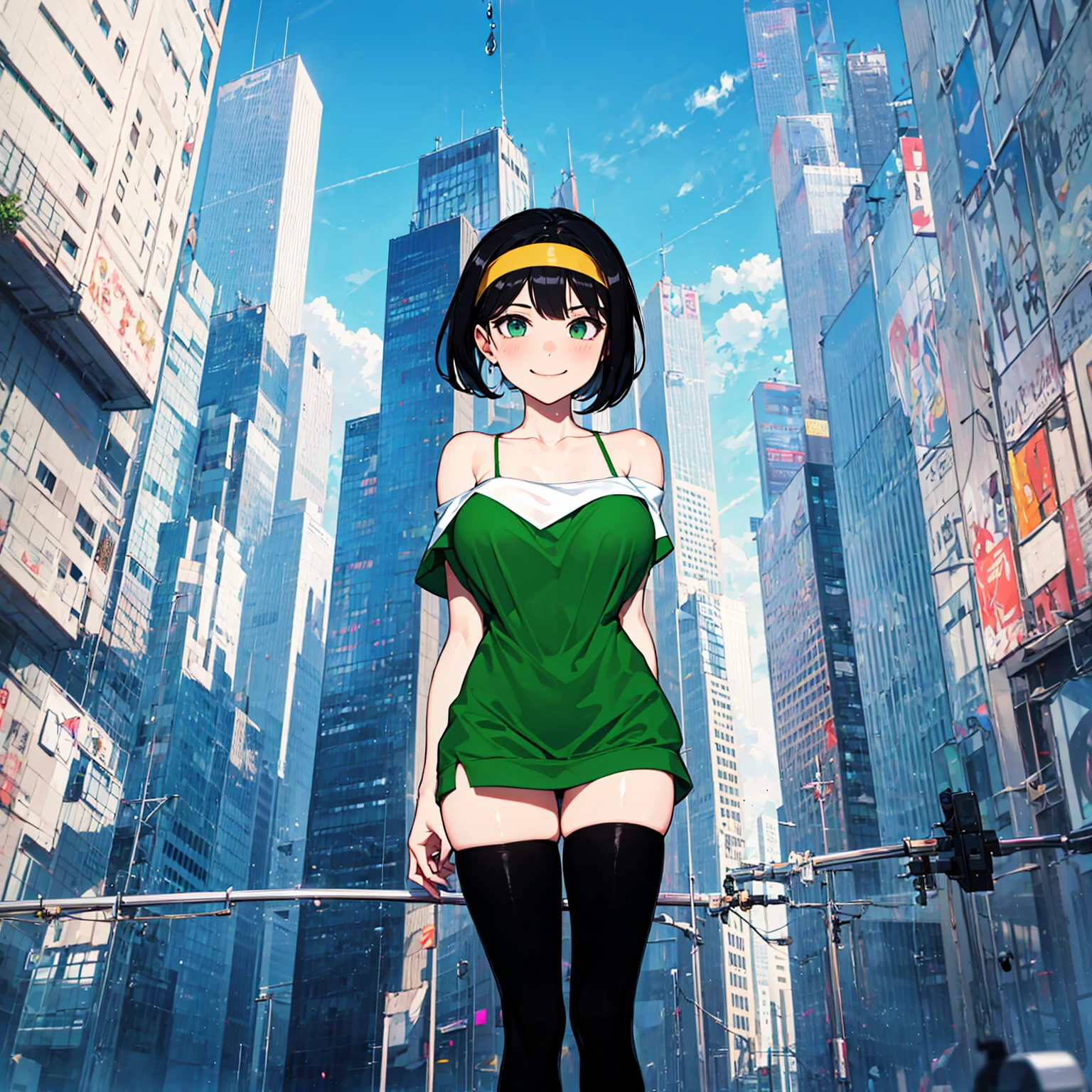 (solo), (1 skinny girl standing), arms behind back, swaying back, (tight-fit black thighhighs), collarbone, BREAK, (yellow hairband), center cut green off-shoulder dress with shoulder straps, (off-shoulder white shirts under dress:1.2), glass-walled skyscrapers in distance, BREAK, (long skinny legs), huge breasts, BREAK, (forced smile:1.3), (dripping tires:1.3), (disappeared), open mouth, orgasm, nsfw, pussy juice dripping down between thighs, grabbing breast, breast milk flowing down from erectile nipple