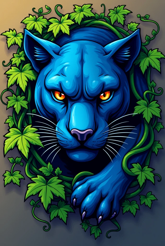 make a shield sports logo that look like a blue panther is hiding behind ivys, like cover the panther with ivys