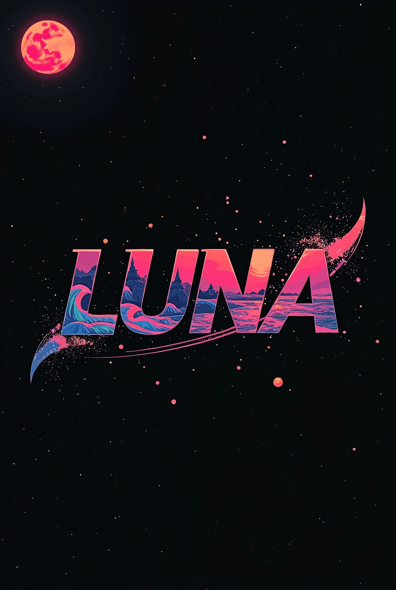 High resolution, logo spelling swiftly “Luna” cool, Jdm theme, anime theme, Cyberpunk vibe name spelling, brand logo, logo for tshirt, brand logo “LUNA”, neon vibes, acid trip vibes, acid trip, shooting stars, acid trip inside “LUNA”, acid trip, hallucinations inside “LUNA”, Waves of hallucinations, splash, waves of futuristic hallucinations, futuristic wave, stars in the background, red strange moon, waves of water and lone black trees, 